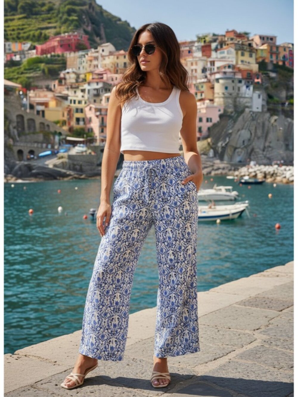 ELIE TAHARI 100% LINEN PARROT FLORAL PRINT WIDE LEG PALAZZO PANTS